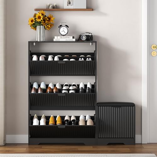 Image of HUANLEGO Shoe Cabinet Storage for Entryway with 4 Flip Drawers, Black Fluted Shoe Cabinet with Bench, Wooden Hidden Shoe Rack Freestanding Narrow Slim Shoes Storage Organizer for Hallway, Entrance