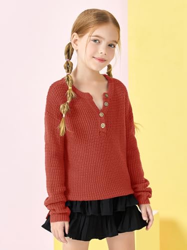 Image of Girls Waffle Knit Sweaters Trendy Henley Button V Neck Long Sleeve Pullover Jumper Tops Orange Red