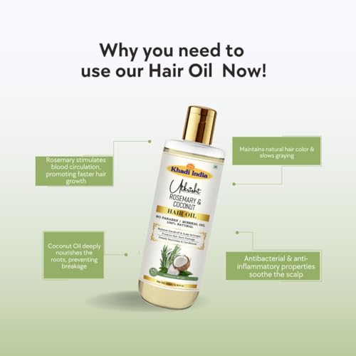 Image of Khadi Rosemary & Coconut Hair Oil 200ml | Oil For Hair Growth, Dry & Frizzy Hair | Non Sticky, Paraben & Mineral Oil Free | Suitable for All Hair Types | Daily Use for Men & Women