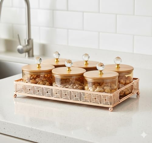 Image of Diwali Serving Dry Fruit, 6 pcs Glass Container Serving Tray Set | 600 ML Each Premium Design Air-Tight Lid Snack Organizer Tray Copper Stand Wooden Lid