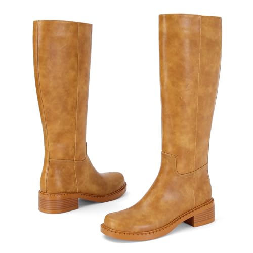 Image of Dsevht Black Knee High Boots for Women Faux Leather Elastic Low Heel Round Square Toe Side Zipper Fall Long Tall Boot