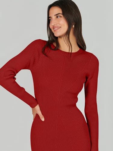 Image of ANRABESS Women Long Sleeve Sweater Dress Crewneck Bodycon Stretch Slim Fit Ribbed Knit Midi Dresses 2025 Fall Trendy Outfits Red Medium