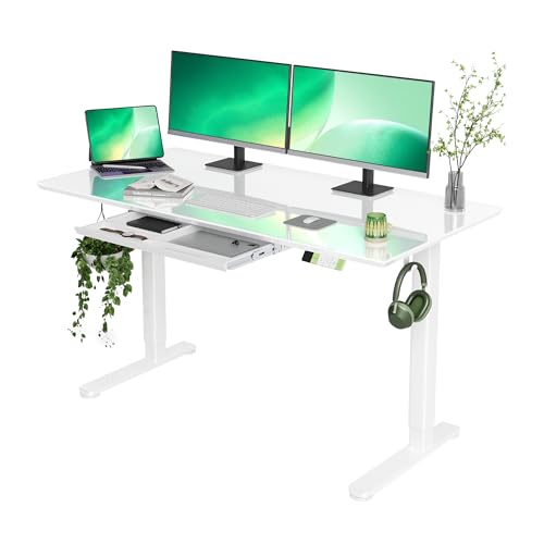 Image of INNOVAR Glass Standing Desk with Drawers 55x24 Inch Super White