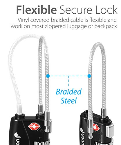 Image of Fosmon TSA Approved Cable Luggage Locks, 3 Digit Combination, 2 Pack Black | Push Release Button, 3 Digit Combination, Long Wire Shackle Padlock, Gun Case Suitcase Travel, Backpack Zipper Gym Locker