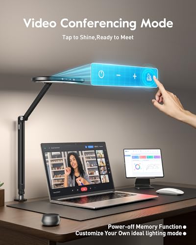 Image of LED Desk Lamp for Home Office, Double-Sided Desk Light with Stepless Dimmable Knob, Memory, Adjustable Arm Clip for Video Recording, Zoom Call, Studio