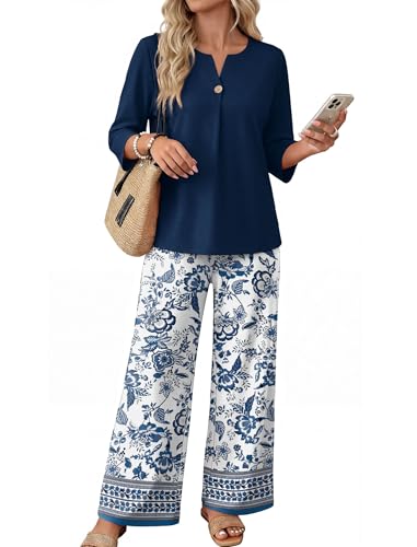 WIHOLL 2 Piece Sets for Women 3/4 Length Sleeve Lounge Sets Summer Spring Beach Vacation Travel Cruise Airport Outfits Matching Women Fashion Clothing Wide Leg Pants Set Plus Size L