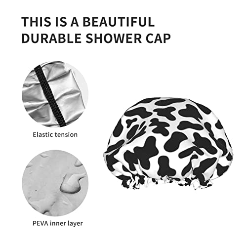 Image of Black And White Cow Skin Abstract Animal Farm Shower Cap For Women Adjustable Double Waterproof Layers Bathing Bath Cap Hair Protection Reusable Ladies Spa Salon Shower Hat