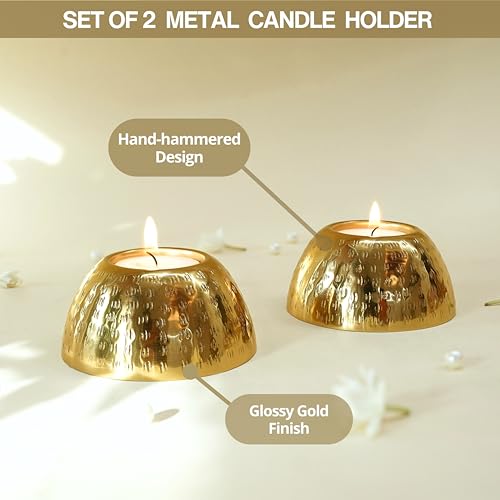 Image of BEHOMA Pebble Bowl Metal Tealight Candle Holders Set | Gold Hammered Decorative Tealight Holder for Home Decor | Luxury Table Accent Romantic Ambient Lighting | Candle Set (8.5 cm, Pack of 2)