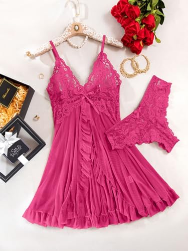Image of Foxiny Sexy Ruffle Sheer Mesh Lace Wireless Babydoll Lingerie Dress with Thong 2 Piece