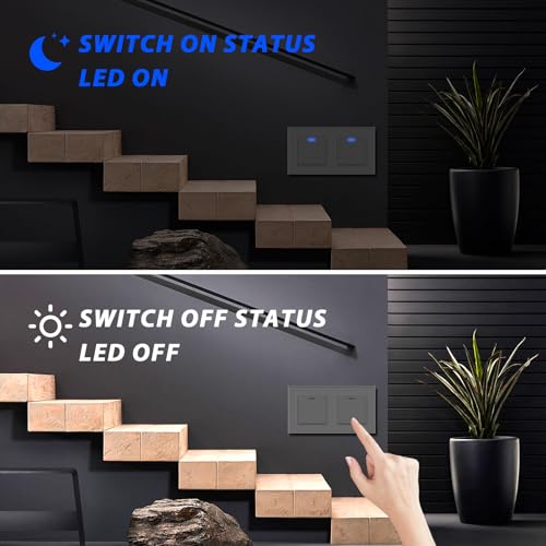 BSEED Lichtschalter Unterputz mit Steckklemme, Lichtschalter Glas 1 Fach 2 Weg+1 Fach 2 Weg, Taster Schalter Unterputz mit LED Kontrollleuchte, Wandschalter f&uuml;r Wohnzimmer, B&uuml;ro, K&uuml;che-Grau