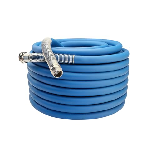 Image of Guitrees 2026 Upgraded Garden Hose 100FT x 5 /8 inch, Heavy Duty Rubber Water Hose with Five Layered Braiding, Swivel male and female Nickel-plated Brass Fittings, 1000PSI Burst, 300PSI Working (Blue)