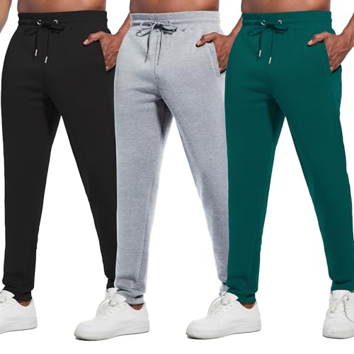 Mens Sweatpants with Pockets, 3 Pack Fleece Casual Jogger for Men Athletic Pants with Drawstring