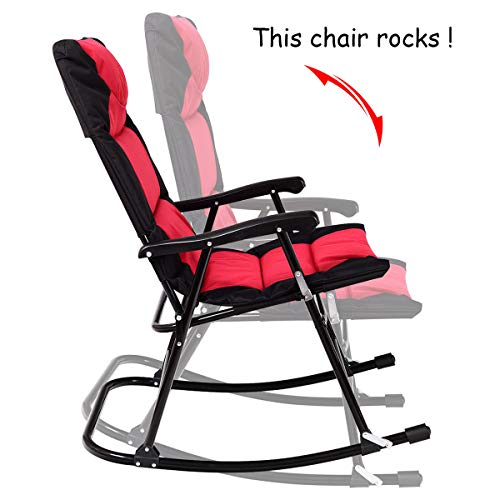Giantex 3 Pcs Folding Bistro Set Outdoor Patio Rocking Chairs Round Table Set 2 Rocking Chairs W/Glass Coffee Table For Yard, Patio, Deck, Backyard Padded Seat (Red & Black) #TOP5