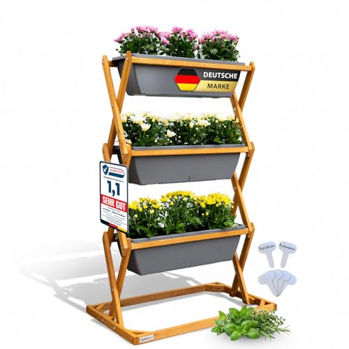 greenspire Hochbeet Balkon aus Holz 3 Etagen mit Drainagesystem Kräuterbeet vertikaler Garten mit Wasserstandsanzeige für optimale Bewässerung vormontiert für Balkon oder Terrasse (Anthrazit)