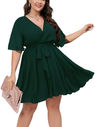 Image of SCOMCHIC Women's Plus Size Summer Dresses Short Sleeve Wrap V Neck A Line Skater Mini Short Dress XL-4XL
