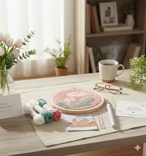 Image of Punch Needle Kit, Gentle Pink Flower Embroidery, Embroidery Starter Kit for Beginners, Mother's Day, Children's Day, Birthday Gifts & Decorations, 7.87x7.87inch