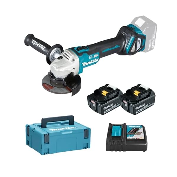 Makita DGA513RTJ haakse slijper met accu, 18 V/5,0 Ah, 2 accu’s + oplader in MAKPAC