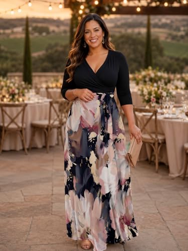 Image of Plus Size Maxi Dress for Women V Neck 3 /4 Sleeve Wrap Dress