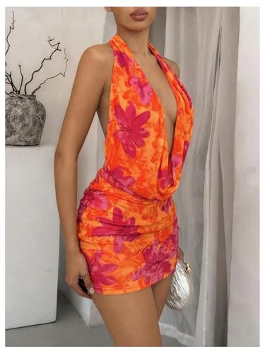 Image of OYOANGLE Women's Sexy Deep V Halter Dress Floral Bodycon Club Mini Dresses
