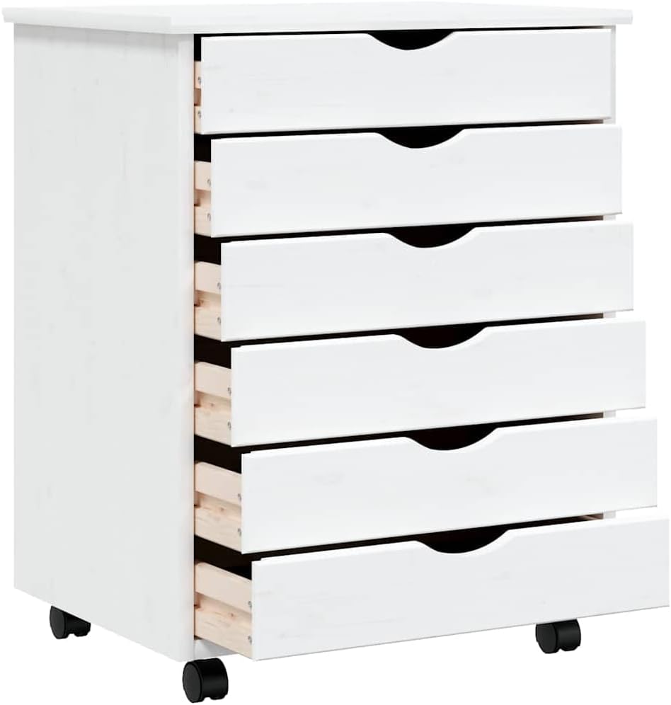 Moss White Rolling Cabinet with Six Drawers, Solid Pine Wood and Engineered Wood Construction for Office Storage and Home Organization