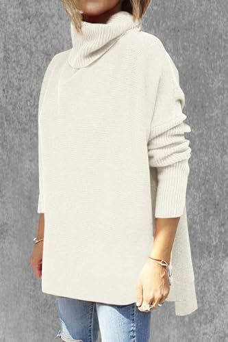 Image of Women's Turtleneck Oversized Sweaters Long Sleeve Split Hem Striped Knit Pullover Tops