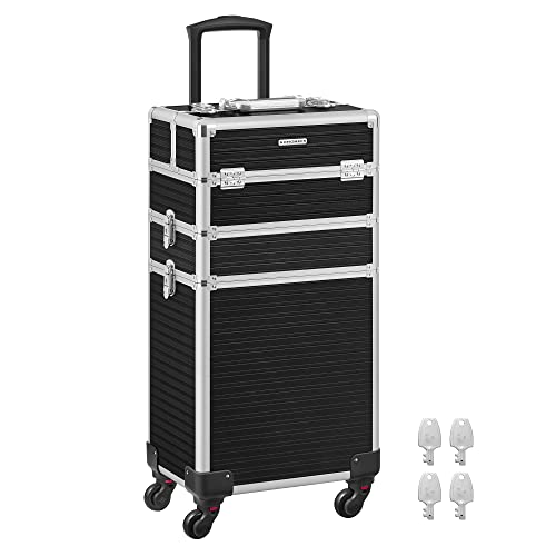 SONGMICS Valise de Maquillage Professionnel 3-en-1, Mallette Cosmétique, XXL, 34 x 24 x 70,5 cm, Verrouillable, roulettes à 360°, pour Voyages, Manucure, Maquilleur,...