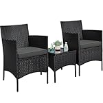 Yaheetech 3 Pieces Patio Porch Furniture Set, Outdoor PE Rattan Wicker Conversation Set with Soft Cushions, Glass Coffee Table & 2 Chairs for Garden/Deck/Courtyard/Poolside, Black/Gray