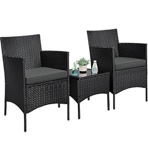 Yaheetech 3 Pieces Patio Porch Furniture Set, Outdoor PE Rattan Wicker Conversation Set with Soft Cushions, Glass Coffee Table & 2 Chairs for Garden/Deck/Courtyard/Poolside, Black/Gray