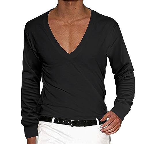 Deep V Neck Shirts for Men Long Sleeve Stretch T Shirt Low Cut Undershirts Muscle Athletic Workout Tees Pullover Tops2