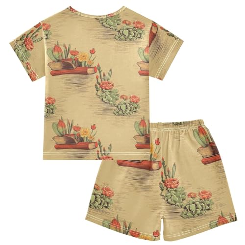 ALAZA Cactuses Books Pattern Pajama Set Short Sleeve Sleepwear Soft Lounge Nightwear2