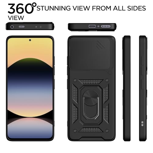 Image of Pikkme Back Cover for Redmi Note 14 5G | D10 Tough Armor | 360 Protection Case | Sliding Camera Shield Cover & Ring Holder Stand Bumper Case (Black)