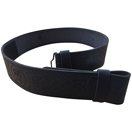 Scottish Highland Black Leather Kilt Belt without Buckle in Rampart Lion Embossed Design