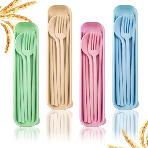 ZGQHZR 4 Sets Reusable Utensils Set with Case,Camping Cutlery Set Travel Silverware Set with Case Lunch Utensils Set for Work,Utensil Sets for Lunch Picnic Daily Use Outdoor (COLOR A)