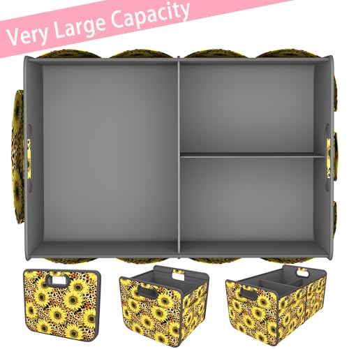 Image of Homeve Car Trunk Organizer for SUV, 18.5Gal Large Capacity No-Sag Heavy Duty, Foldable Waterproof Anti-Slip Storage with 12 Pockets, Fit Sedan, Truck, Universal Car Accessories,Sunflower Leopard Print