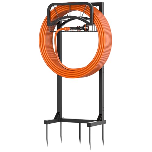 Garden Hose Holder, Upgraded Heavy Duty Freestanding Water Hose Holder Stand with Storage Basket, Holds Up to 160 FT Hose for Outside Yard Lawn Farm, Black
