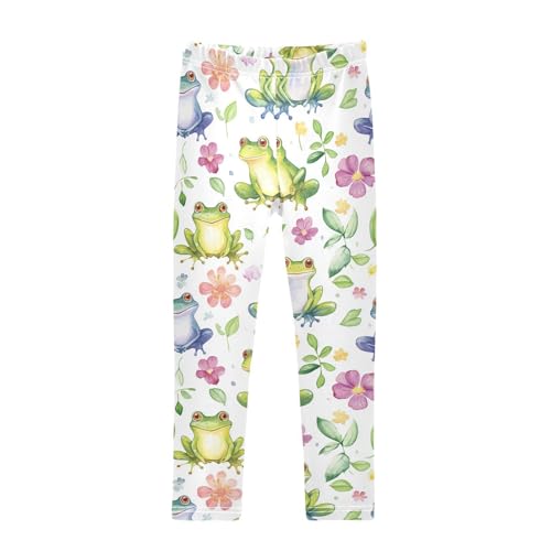 Wusikd Cute Watercolor Frogs Girls' Leggings Toddler Doodles Flowers Kids Yoga Pants Dance Active Tights 7-8T Multi