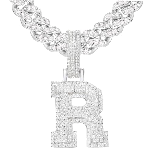 YIMERAIRE Moissanite Letter Pendant Necklace with Iced Out 8MM Cuban Chain Zicrona 925 Sterling Silver Iced Out Moissanite R Initial Letter Pendant Necklace For Men Women