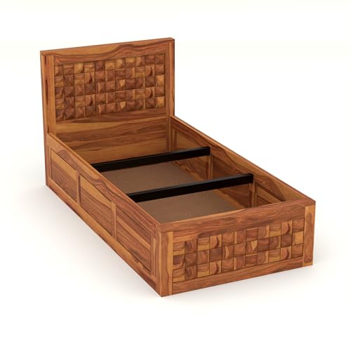 Image of Solid Sheesham Wood Single Size Bed with Box Storage for Bedroom Living Room Single Cot for Home Wooden Palang for Hotel (Honey, Size 6 * 3)
