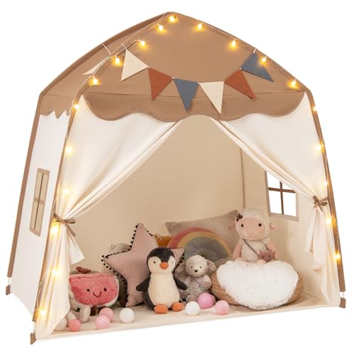 COSTWAY Tente de Jeux Enfant avec Guirlandes Lumineuses & Drapeaux, Cabane Enfant Interieure avec Fenêtres & Tissu Lavable, Style Princesse pour 3 Enfants de...