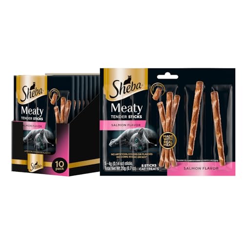Sheba Meaty Tender Sticks Chicken Cat Treats Salmon Flavor Cat Snacks 0.14 oz. 5 Count Pack of 10 (50 Sticks Total)