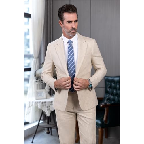Men's Linen Suits Regular Fit Casual 2 Piece One Button Blazer Jacket4