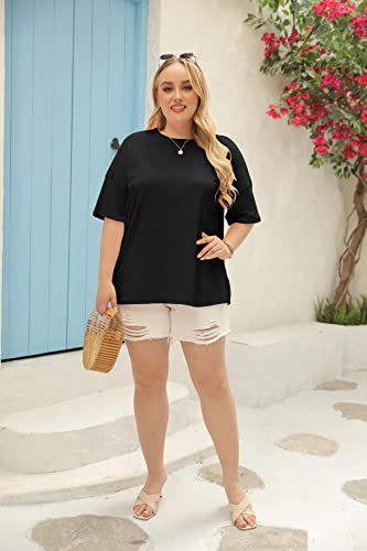 Fisoew Women's Plus Size T Shirts Oversized Tees Half Sleeve Crew Neck Cotton Tunic Tops Black #TOP3