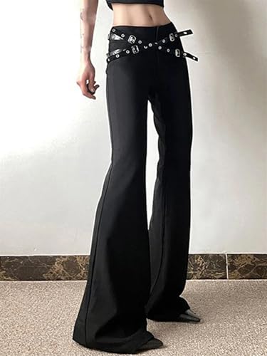 Women's Black Flared Pants Leather Buckle Waist Skinny Party Casual Pants4