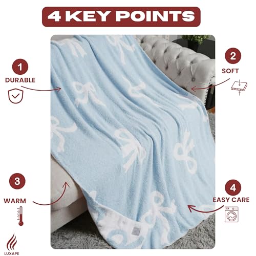 Image of Bow Blanket Blue Bows Soft Throw Blanket Reversible Premium Cozy Fabric for Best Comfort - for Infant,Toddler,Newborn,Nursery,Girl,Throw,Crib,Stroller,Gift (Blue Bows, 50x60 in)