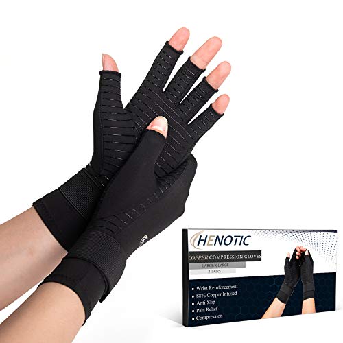 2 Pairs Copper Compression Gloves for Women Men, Wrist Reinforcement Fingerless Arthritis Compression Gloves for Relieving Carpal Tunnel Aches, Rheumatoid Pains, Joint Swell
