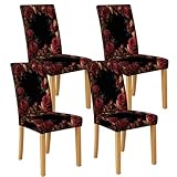 Coprisedia per sedie da pranzo, motivo floreale, elasticizzato e lavabile, in spandex, eleganti fodere decorative per cucina moderna, 4 pezzi, colore: nero