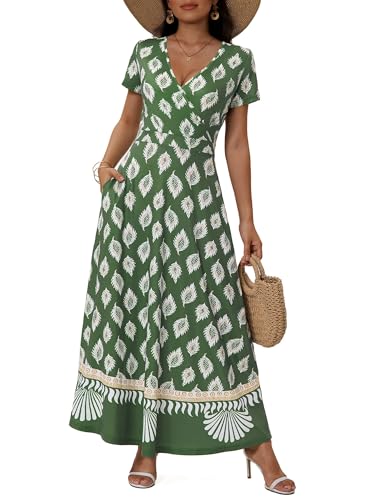 Image of HUHOT Women's Short Sleeve Wrap V Neck Dresses for Wedding Guest Summer Floral Maxi Sundresses with Pockets Boho Dress