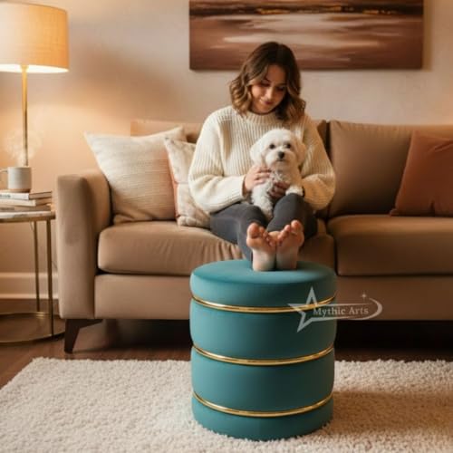 Image of Wooden Puffy Round Footstool and Ottoman Stool for Living Room Furnishings, Sitting Pouffe Ottoman Stool, Office Stool, and Room Decor Aqua
