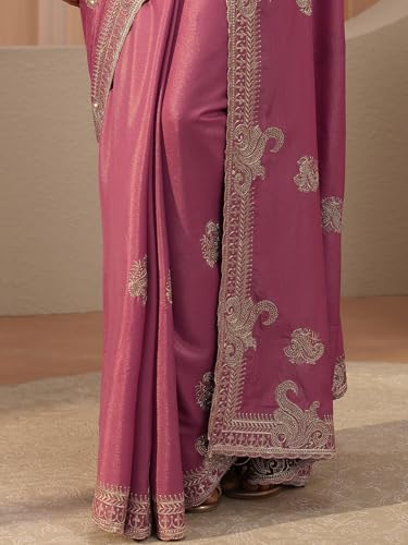 Image of Libas Embroidered Satin Saree for Women With Unstitched Blouse Piece | Traditional Saree for Party & Wedding