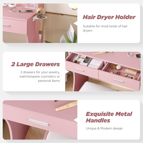 Image of Vabches Vanity Desk with Lights,Makeup Vanity with Power Strip,Dressing Table Set with 2 Large Drawers,Vanity Mirror 3 Lighting Color Adjustable,Pink